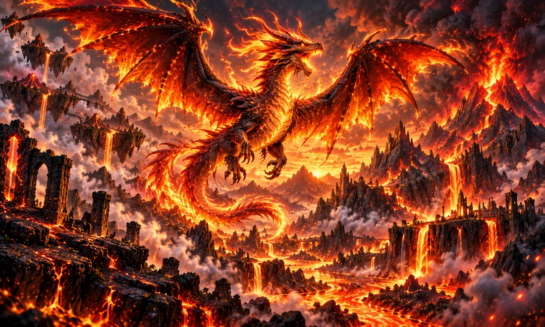 Fire dragon over a volcanic landscape