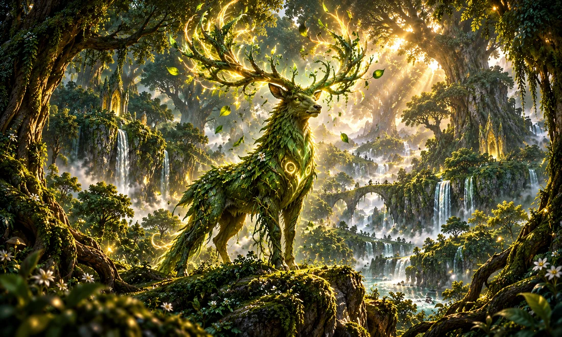 Luminous stag in an ancient forest
