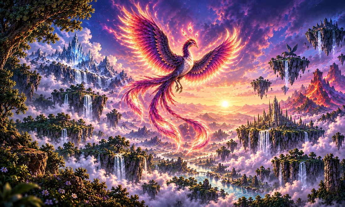 Purple phoenix above floating islands