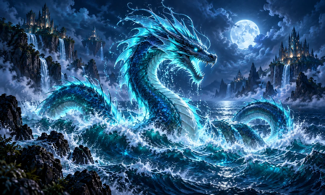 Blue sea serpent in ocean waves